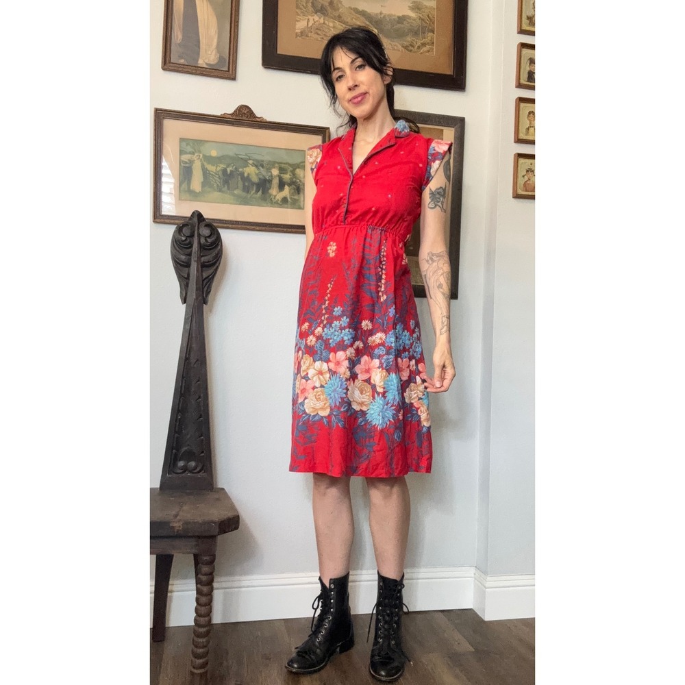 Vintage Jackie O! California Red Floral Midi Dress Elastic Waist Size 5 Retro